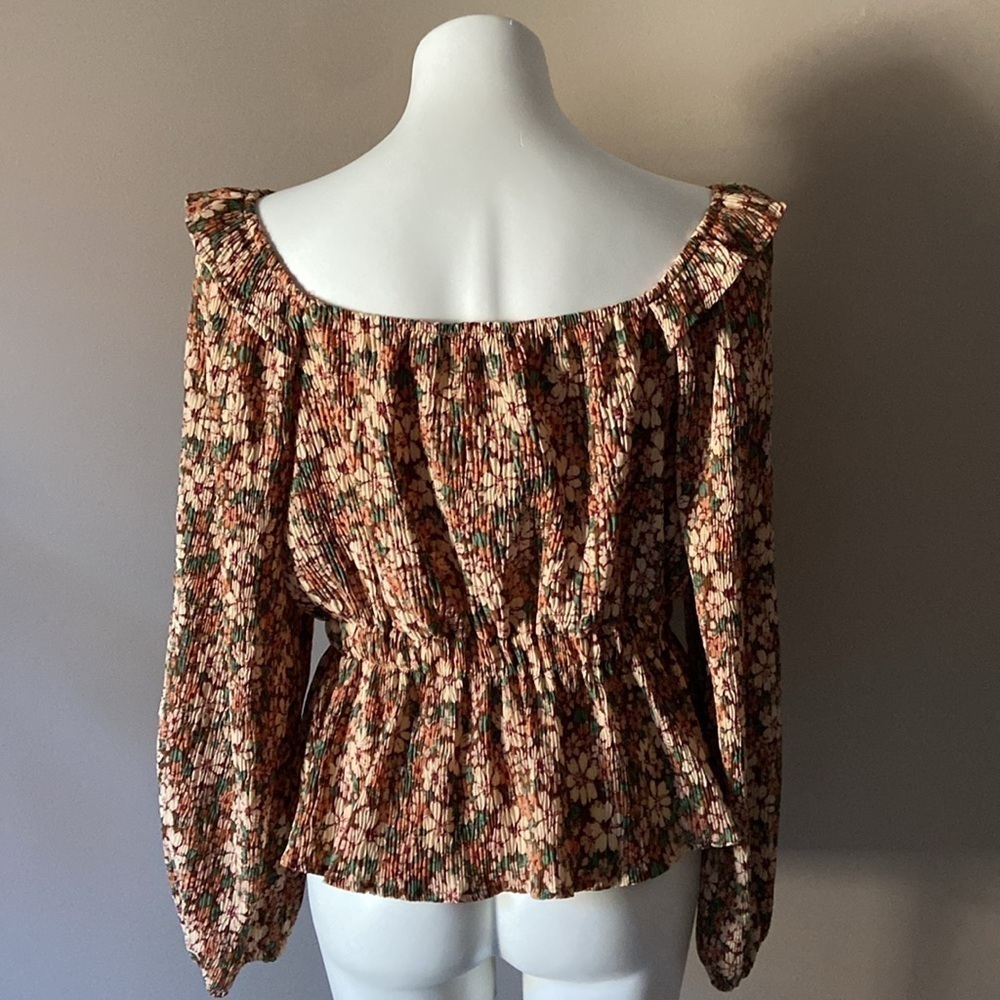 Hayden Los Angeles Brown & Yellow Floral Crepe Peasant Peplum Blouse Size Medium - Picture 5 of 7